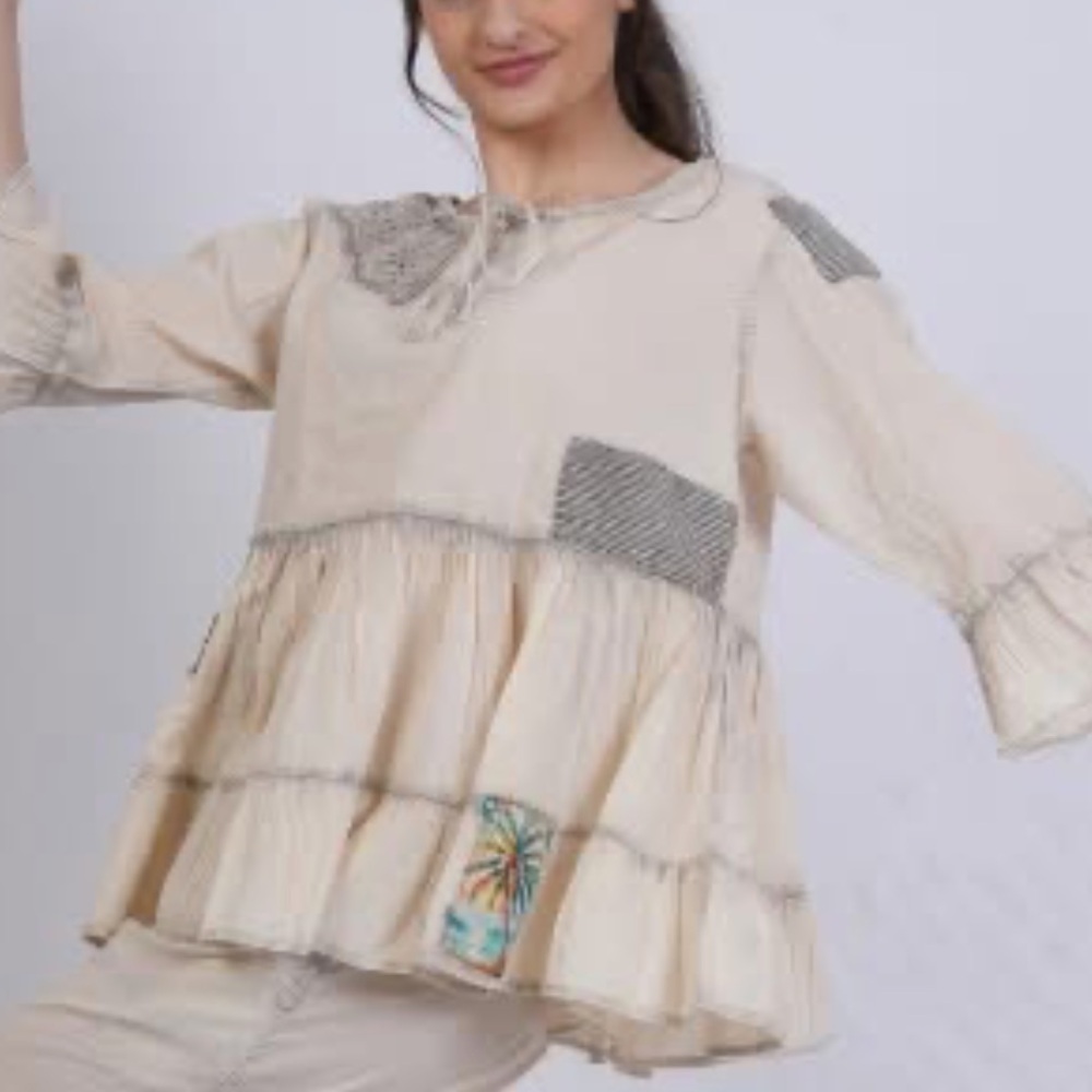 Beige Boho Blouse with Lace Details